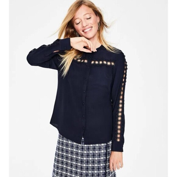 Boden Tops - Boden Navy Blue Amara Lace Trim Button Up Shirt Blouse Women's Size 10 R Viscose